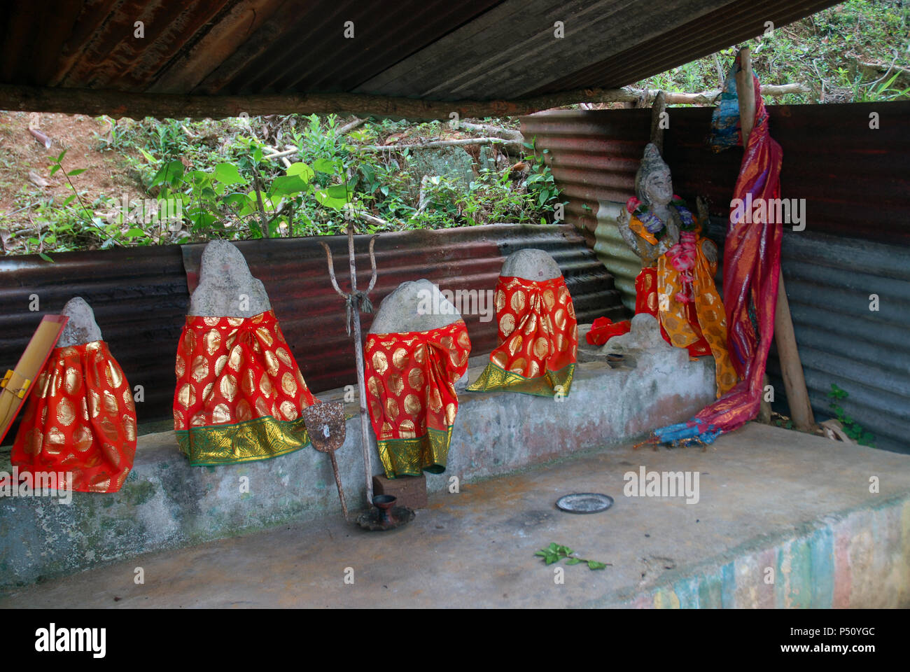 Stone statues wrapped in cloth, Knuckles Mountain Range, Sri Lanka