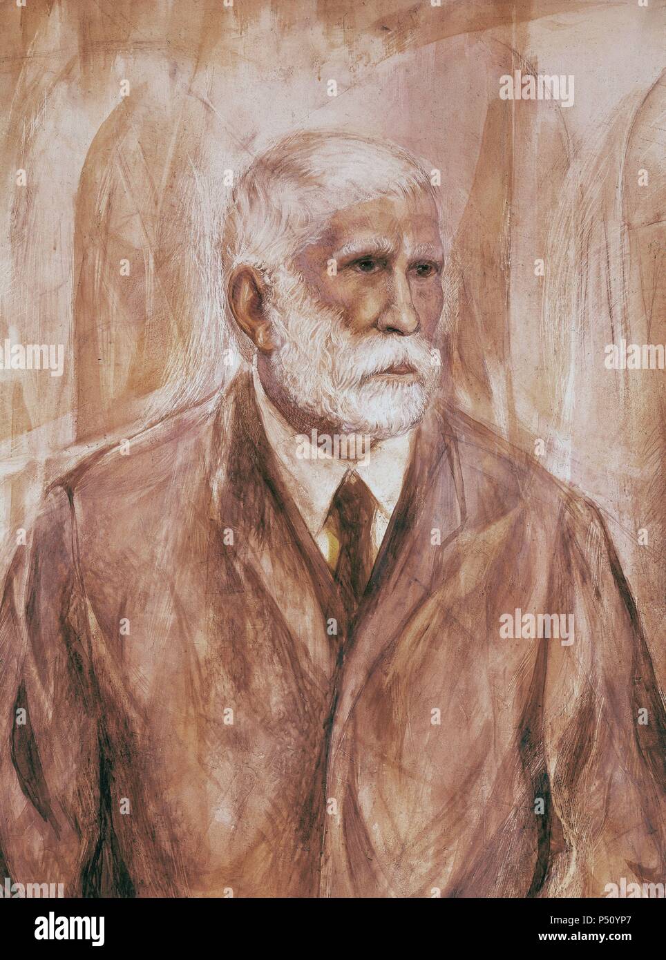 Antoni Gaudi  i Cornet (1852Ð 1926). Was a Spanish Catalan architect and figurehead of Catalan Modernism. Portrait by Domingo. Illustrious Catalans Gallery. Barcelona. Catalonia. Spain. Stock Photo