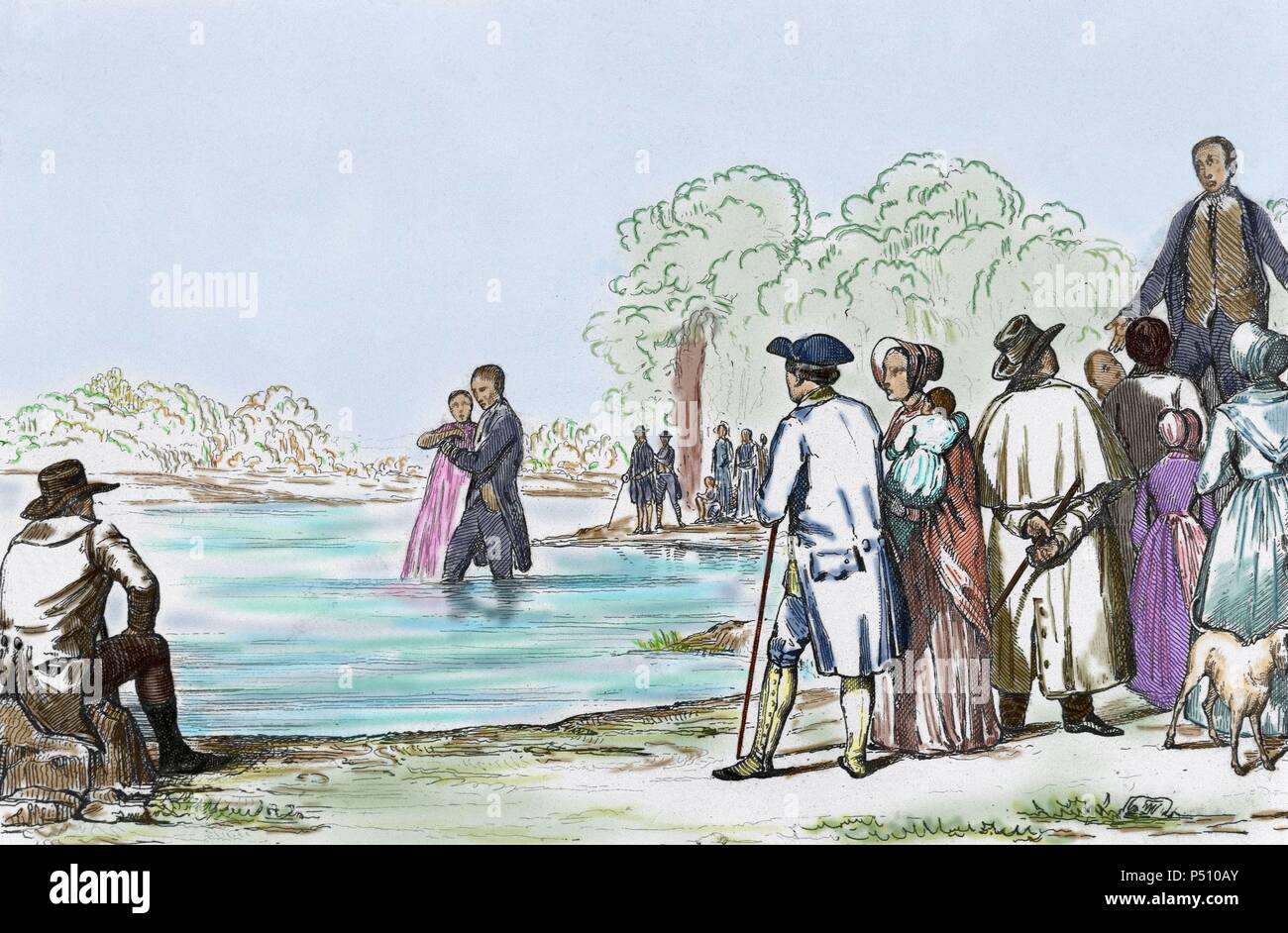 United States. Virginia. Anabaptist Baptism. Their ideology lay in the acceptance of baptism of adults only. 17th century. Colored engraving, 1841. Stock Photo