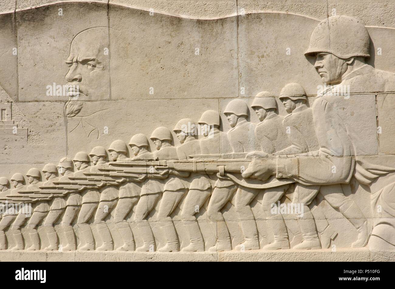 Sarcophagus with relief carving a military scene of soldiers of the Red ...