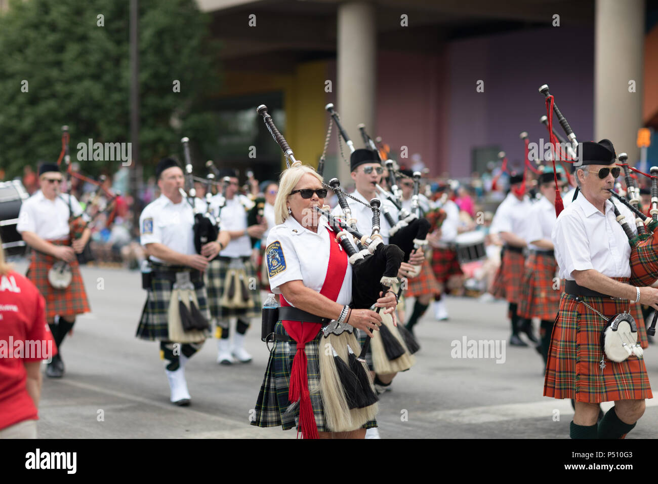 Indianapolis, Indiana, USA - May 26, 2018, The Indianapolis 500 Gordon Pipers perform at Indy