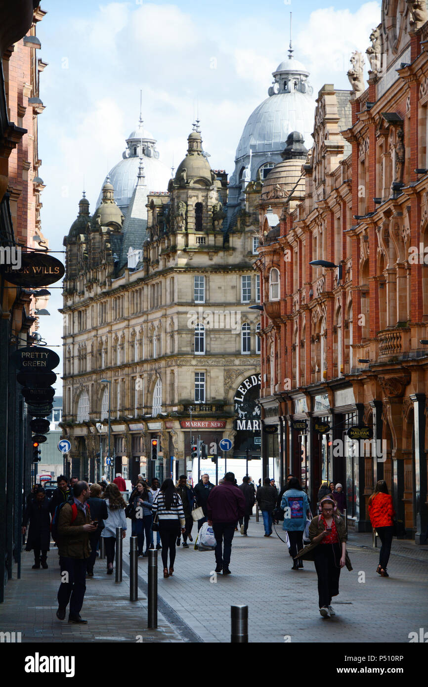 19th century Victorian Gothic architecture at a pedestrian zone near the Kirkgate Market in the English city of Leeds, Yorkshire, United Kingdom. Stock Photo