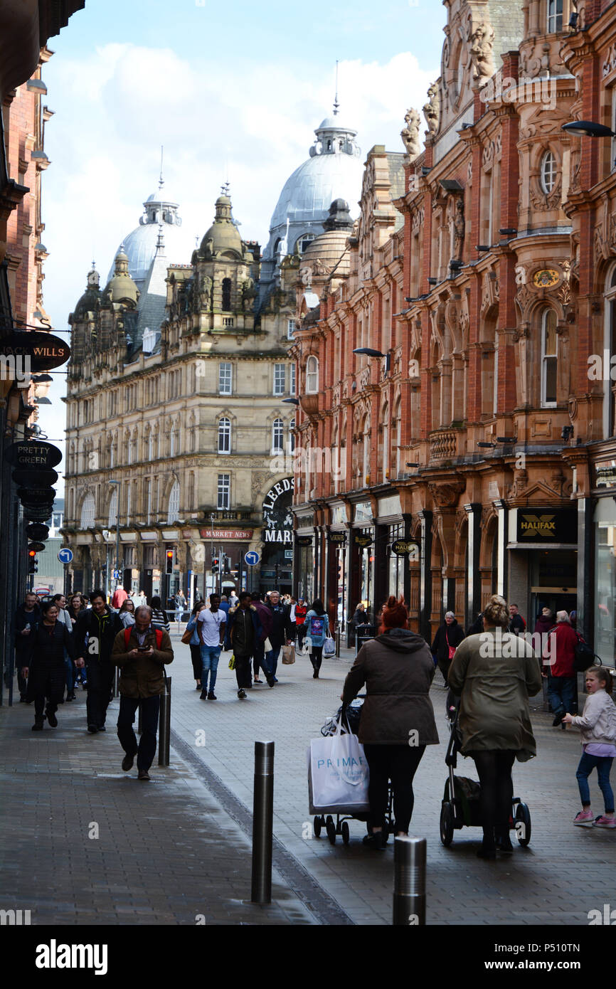 19th century Victorian Gothic architecture at a pedestrian zone near the Kirkgate Market in the English city of Leeds, Yorkshire, United Kingdom. Stock Photo