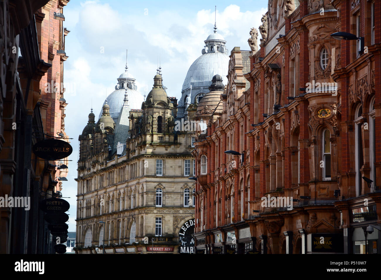19th century Victorian Gothic architecture above a pedestrian zone near the Kirkgate Market in the English city of Leeds, Yorkshire, United Kingdom. Stock Photo