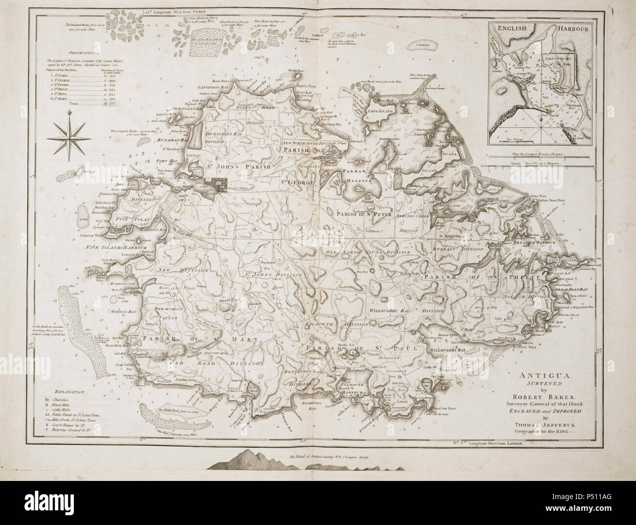 1775 map of Antigua by Robert Baker, updated by Thomas Jefferys. Stock Photo