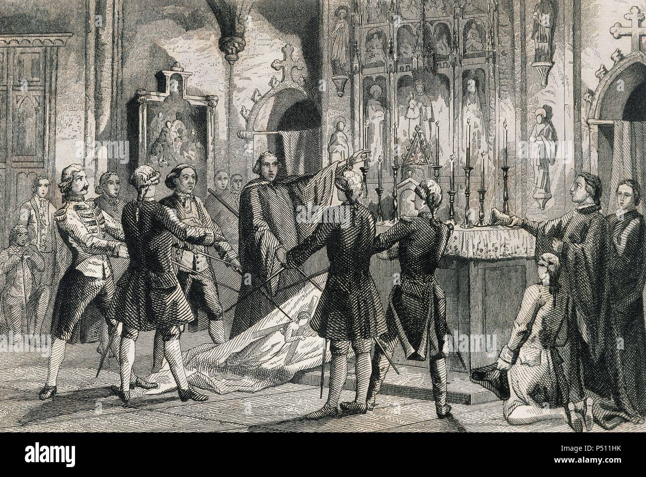 War of Spanish Succession (1702-1715). Oath of the captains of Barcelona who commands the troops of Antonio de Villarroel, Commander in Chief of the Army of Catalonia. Engraving by Urbadieta and J. Nicolau. 19th century. Stock Photo