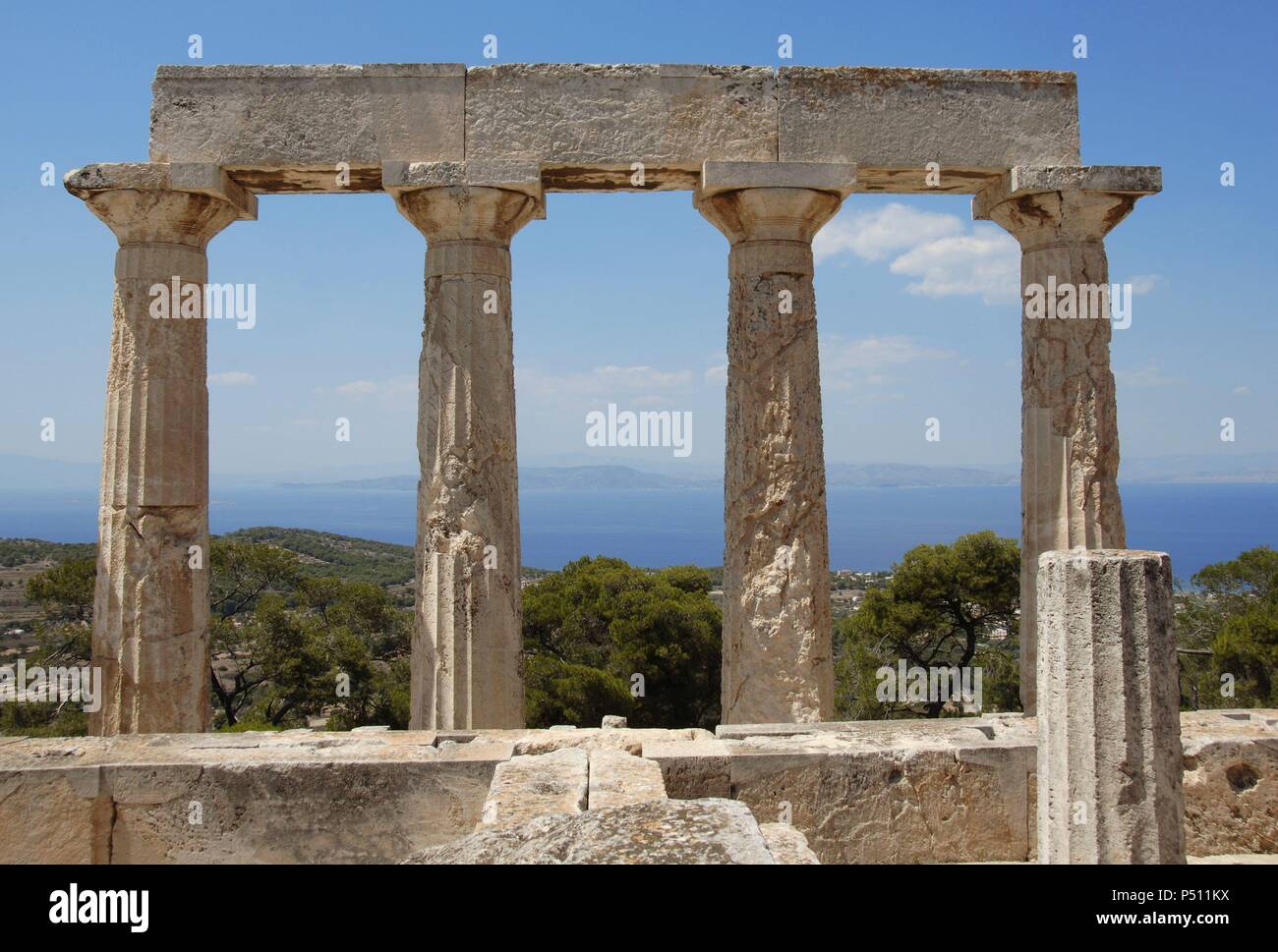 Greece. Aegina Island. Temple of Aphaia (5th-6th centuries B.C.). Doric colonnade. Stock Photo