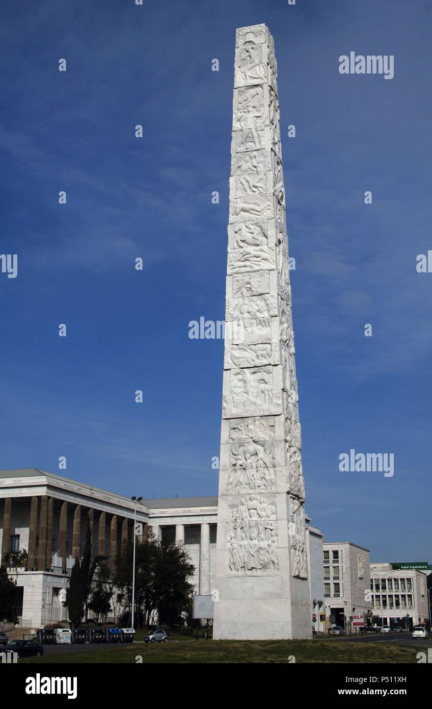 Italy. Rome. Obelisk to Guglielmo Marconi (1874-1937), built in 1959 for the Olympics in 1960. By Arturo Dazzi (1881-1966). District EUR. Stock Photo