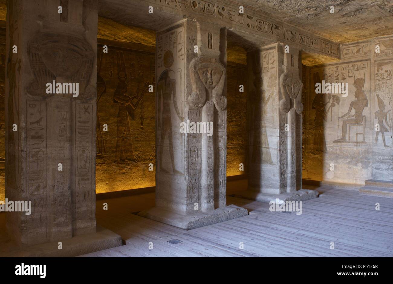 Egyptian art. Small Temple or Temple of Hathor. Inside view. Pillar ...