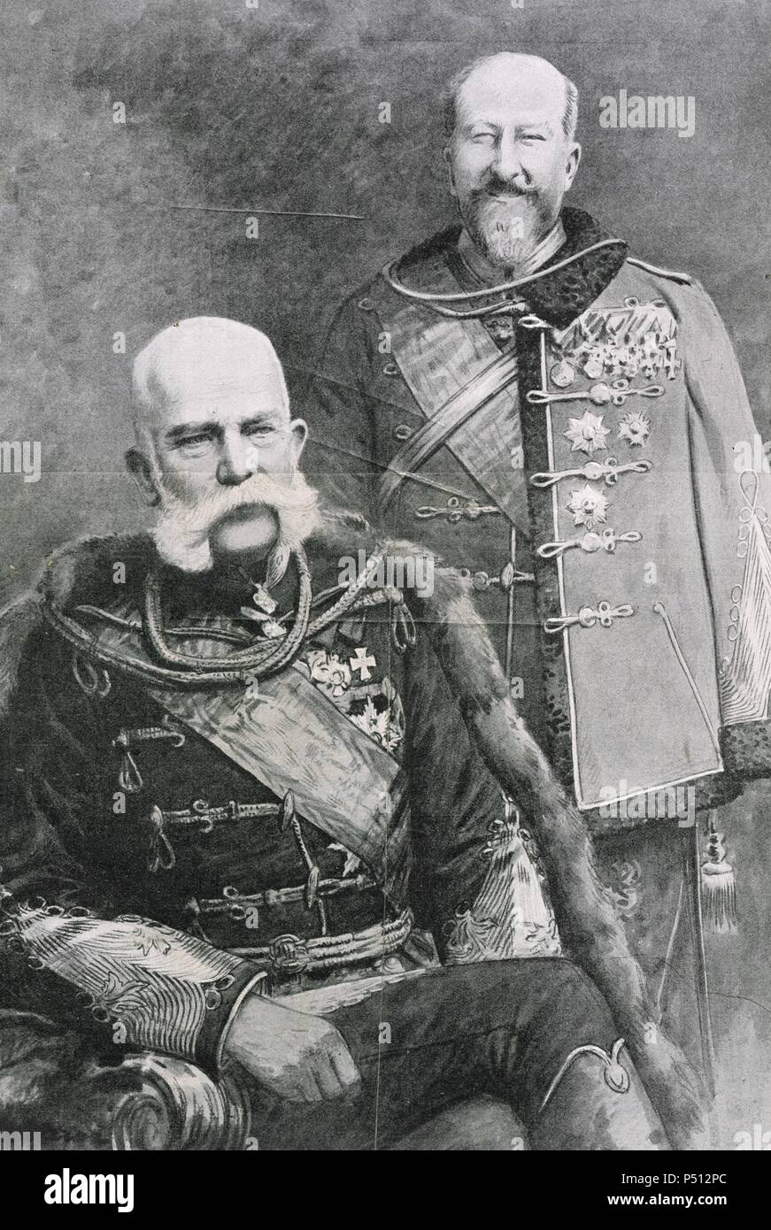 Franz Joseph I of Austria (1830-1916). Emperor of Austria and King of Hungary and Ferdinand I of Austria (1861-1948).  Emperor of Austria. Photograph, 1908. Stock Photo