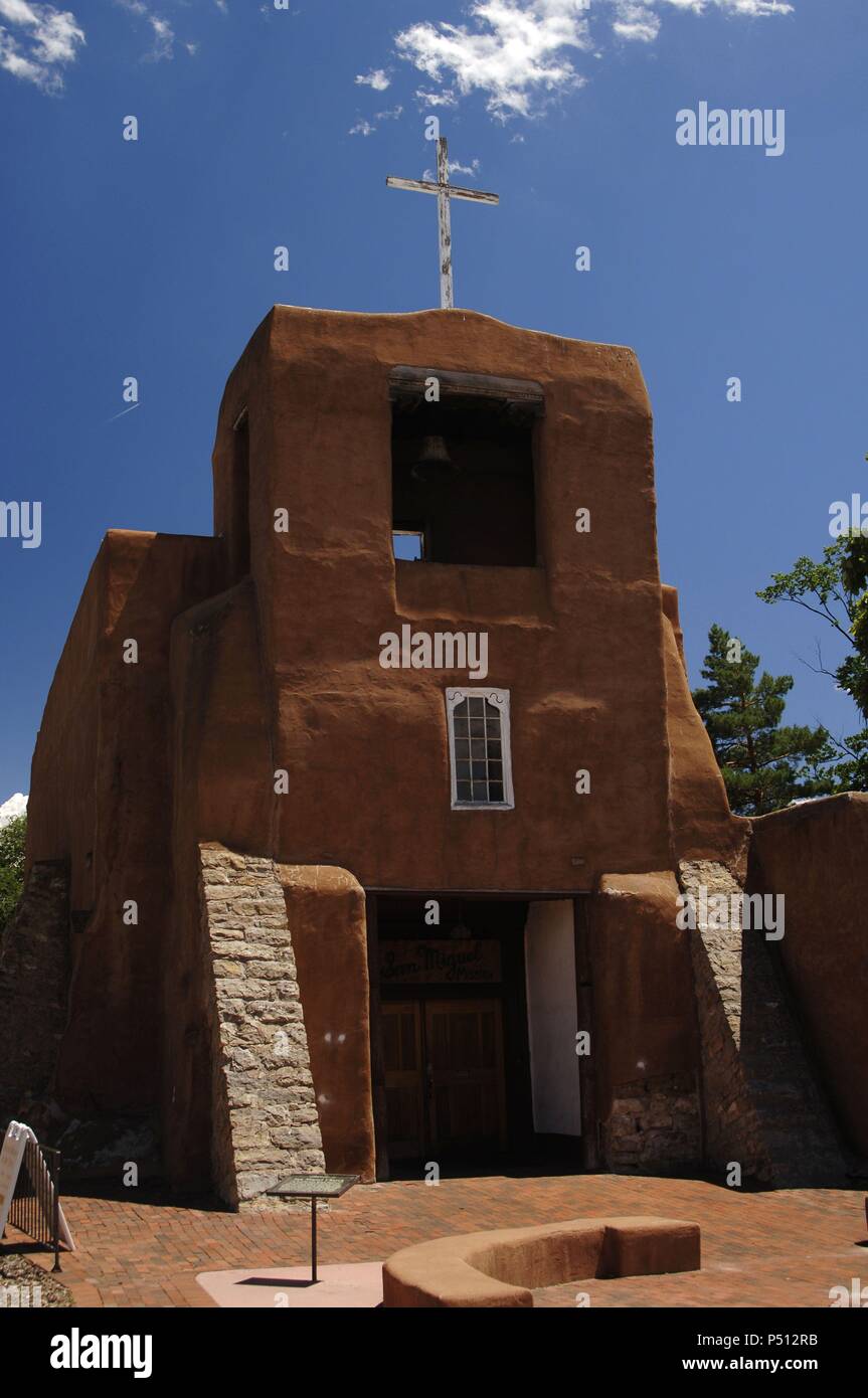 United States. Santa Fe. San Miguel Mission. Spanish colonial mission church built between 1610 and 1626. Rebuilt in the 18th century. State of New Mexico. Stock Photo
