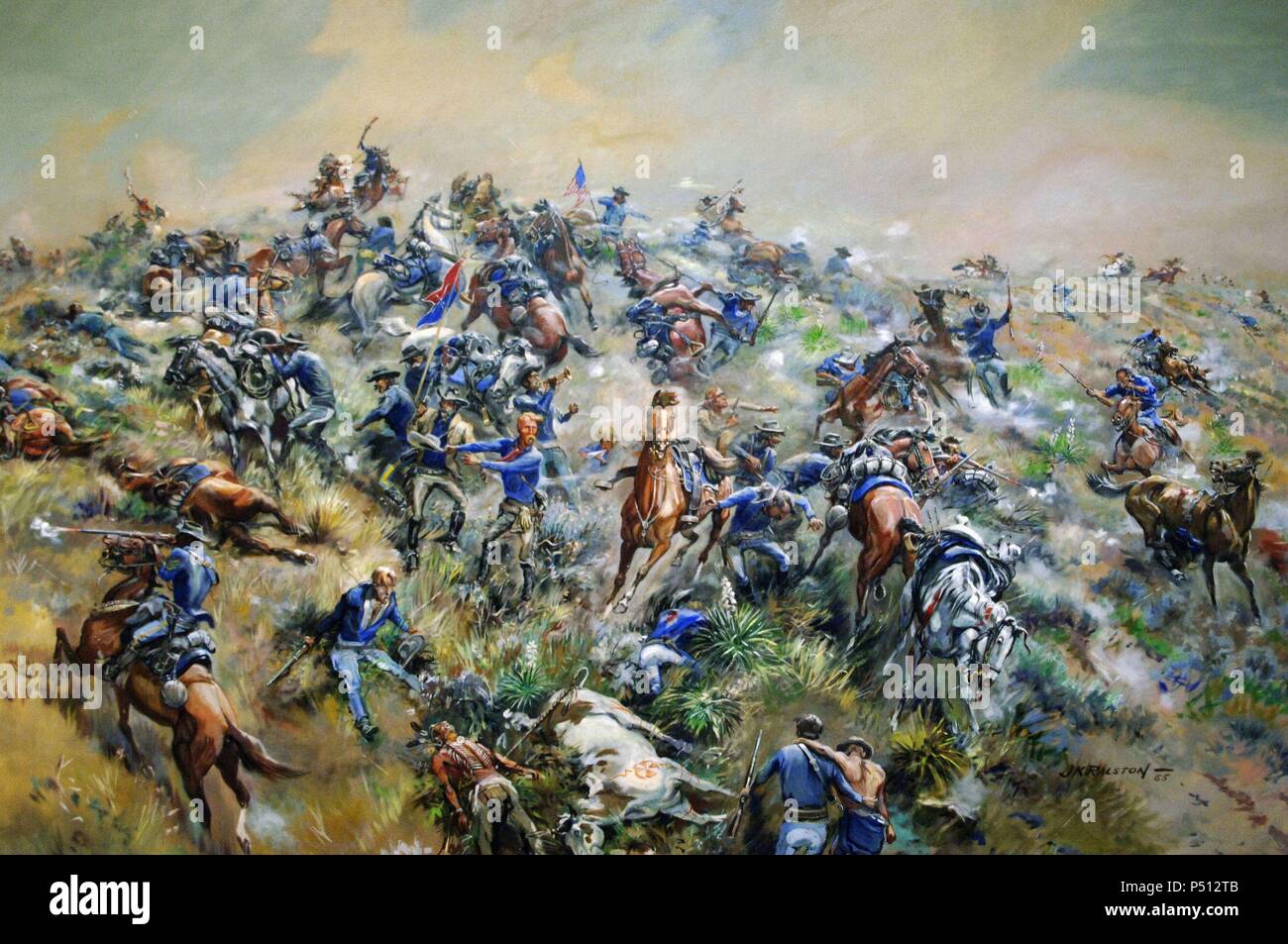 BATALLA DE LITTLE BIGHORN (25 de junio de 1876). Escena de los últimos momentos de la batalla entre indios sioux y cheyennes y el Séptimo de Caballería del General Custer, que fue derrotado. MUSEO del MONUMENTO NACIONAL DEL CAMPO DE BATALLA DE LITTLE BIGHORN. Estado de Montaña. Estados Unidos. Stock Photo
