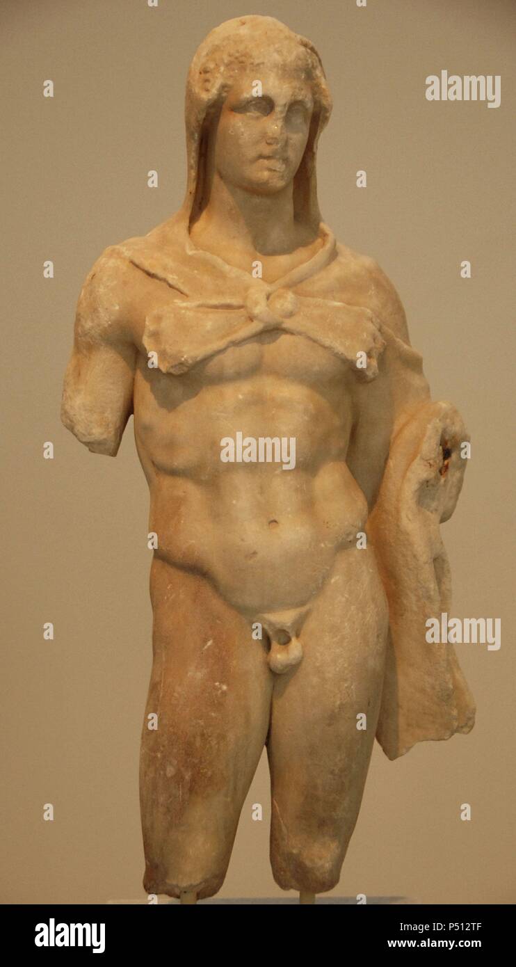 GREEK ART. Greece. IV century B.C. Statue of Heracles covered with a lion's skin. He was holding the mallet in his right hand. Penteli marble. Dated 350-325 B.C. Located near the Church of Agia Eirini, Athens. National Archaeological Museum. Athens. Stock Photo