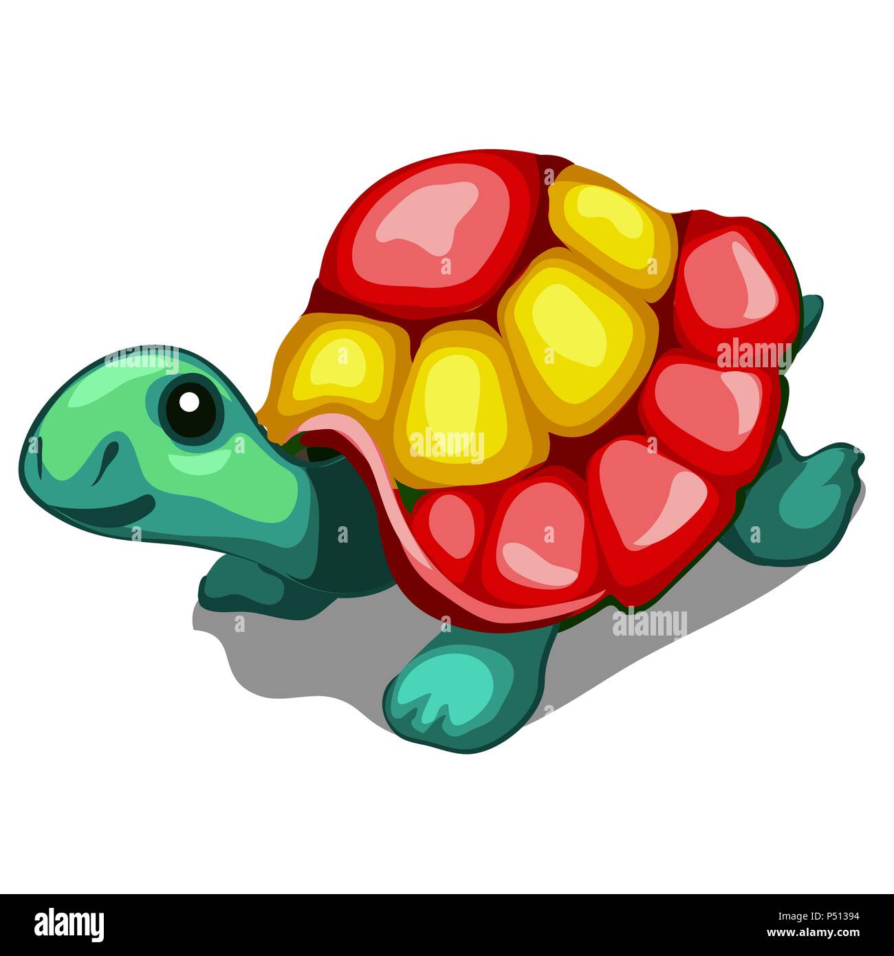 Brightly painted figurine of a turtle isolated on a white background. Vector cartoon close-up illustration. Stock Vector