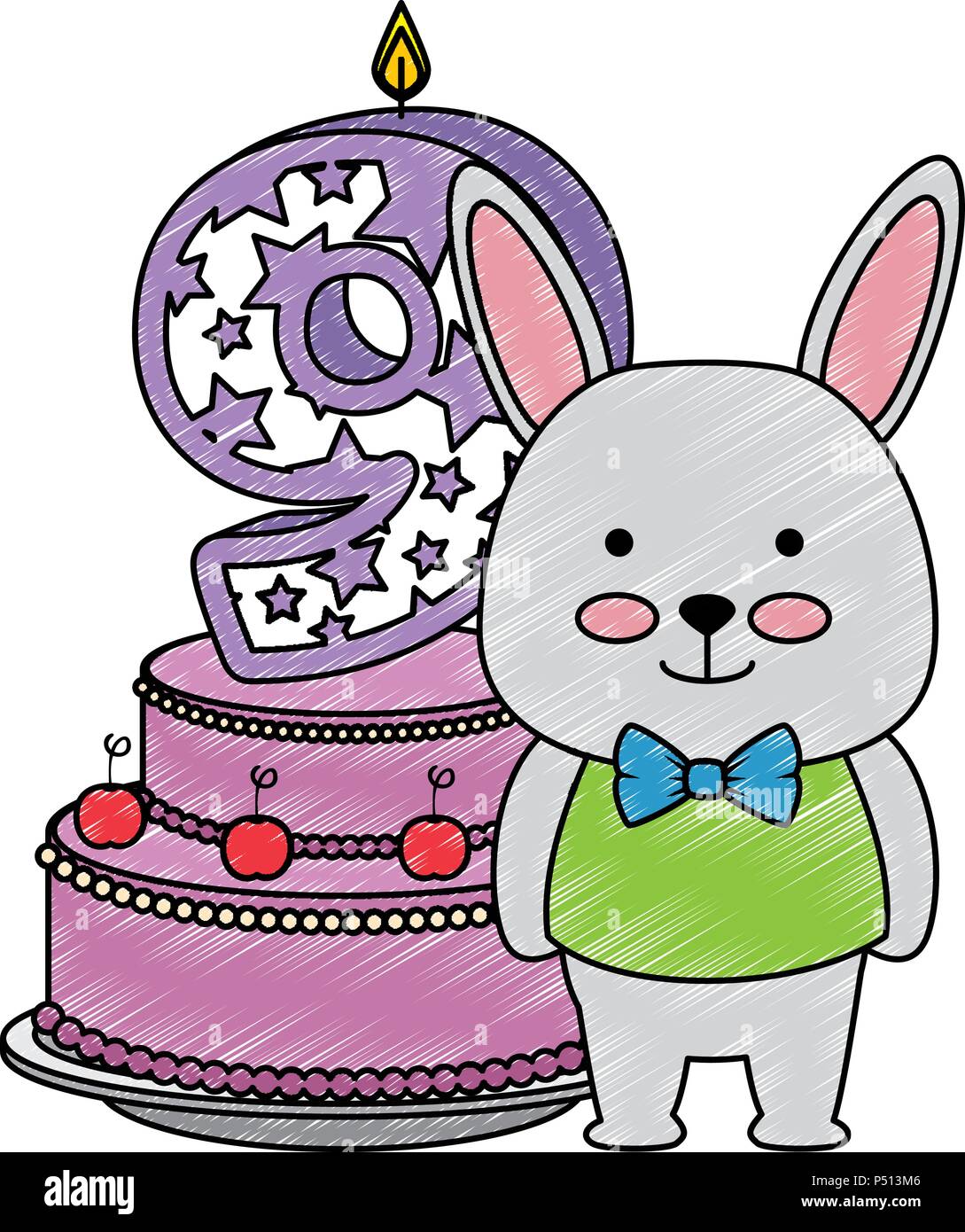 cute number nine candle with rabbit and cake vector illustration design ...