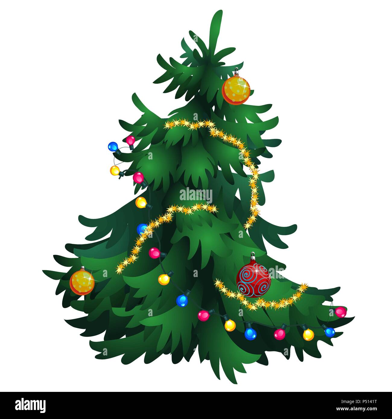 Cartoon Christmas tree with decorations isolated on white background. Vector cartoon. Stock Vector