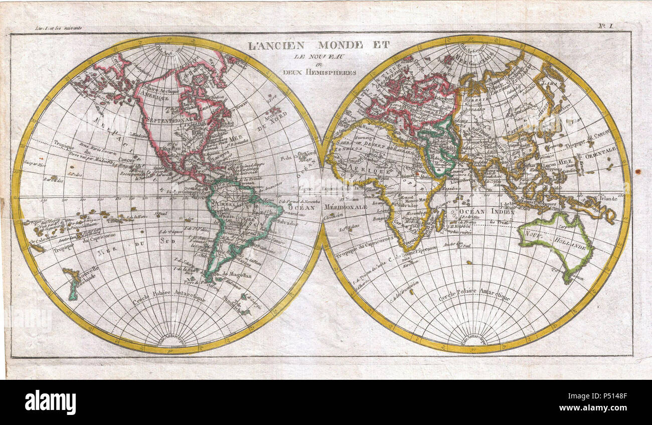1780 Raynal and Bonne Map of the Two Hemispheres - Geographicus ...