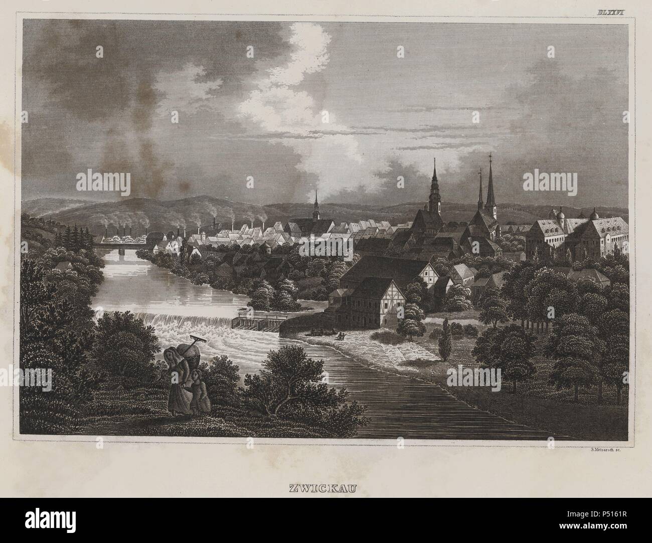 Vista general de Zwickau (Alemania), ciudad natal del compositor Robert Alexander Schumann. Grabado de la primera mitad del siglo XIX. Stock Photo