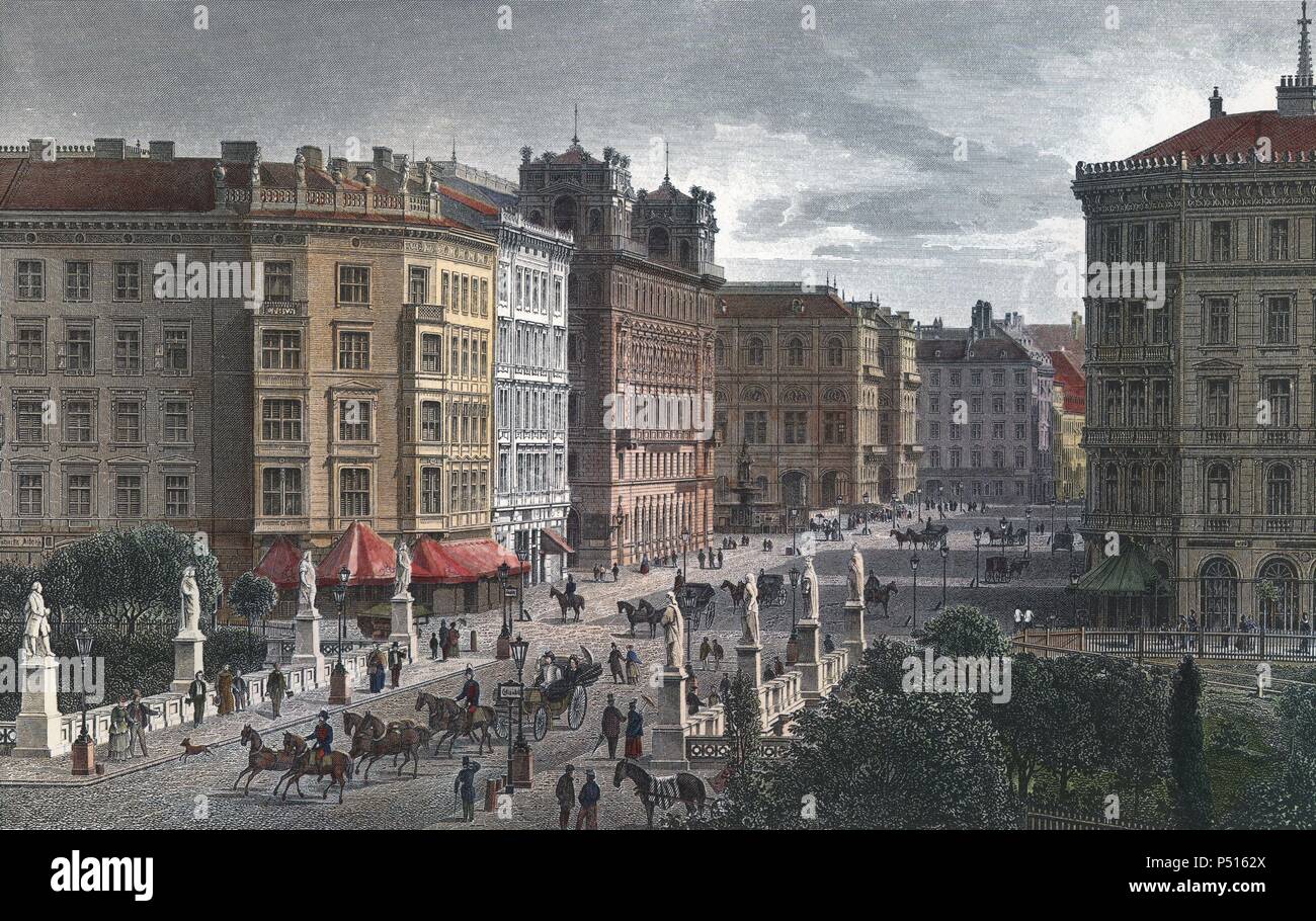 Vista general de una avenida principal de Viena (Austria). Grabado de la primera mitad del siglo XIX. Stock Photo