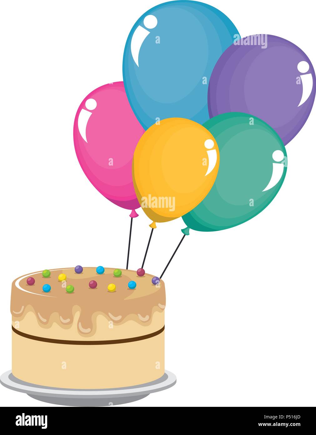 sweet and delicious cake with balloons helium vector illustration ...