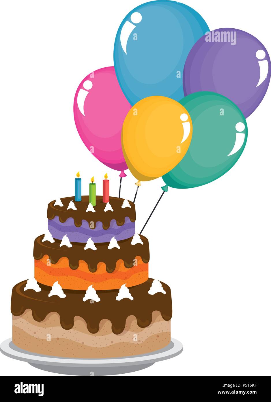 delicious cake with candles and balloons helium vector illustration ...