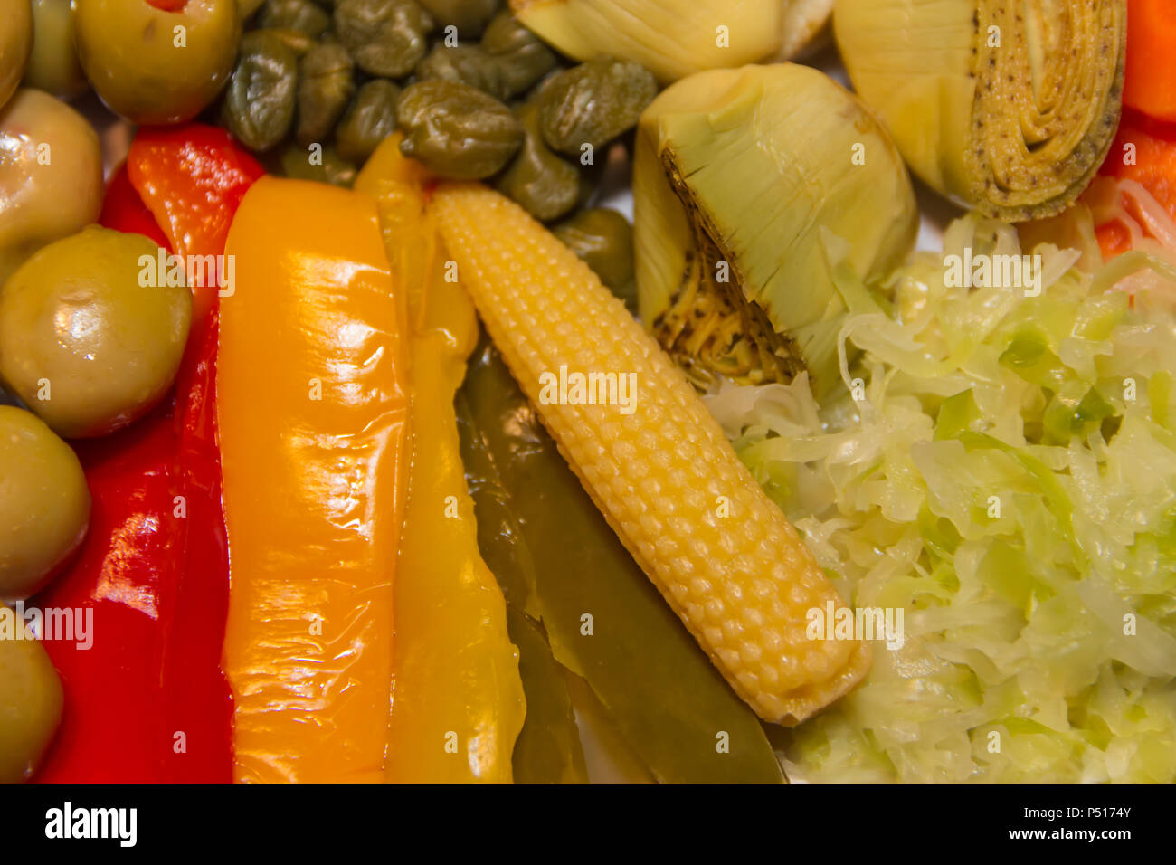 corn and other vegetables pickled in vinegar Stock Photo