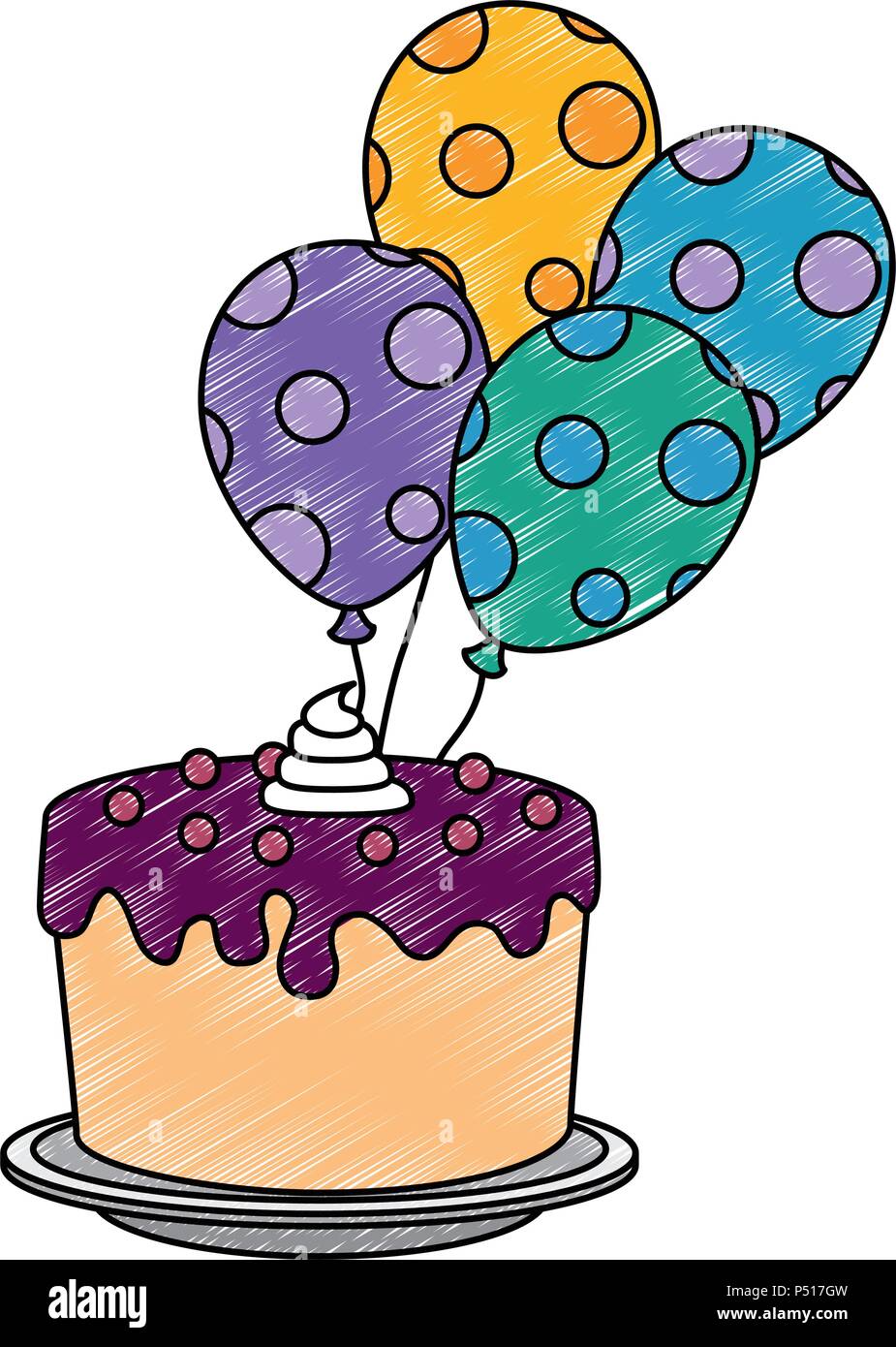 sweet and delicious cake with balloons helium vector illustration ...
