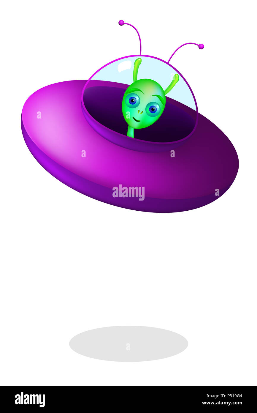 Green alien with flying saucer on white background. Little green man from Mars with purple saucer. Extraterrestrial and UFO. Stock Photo