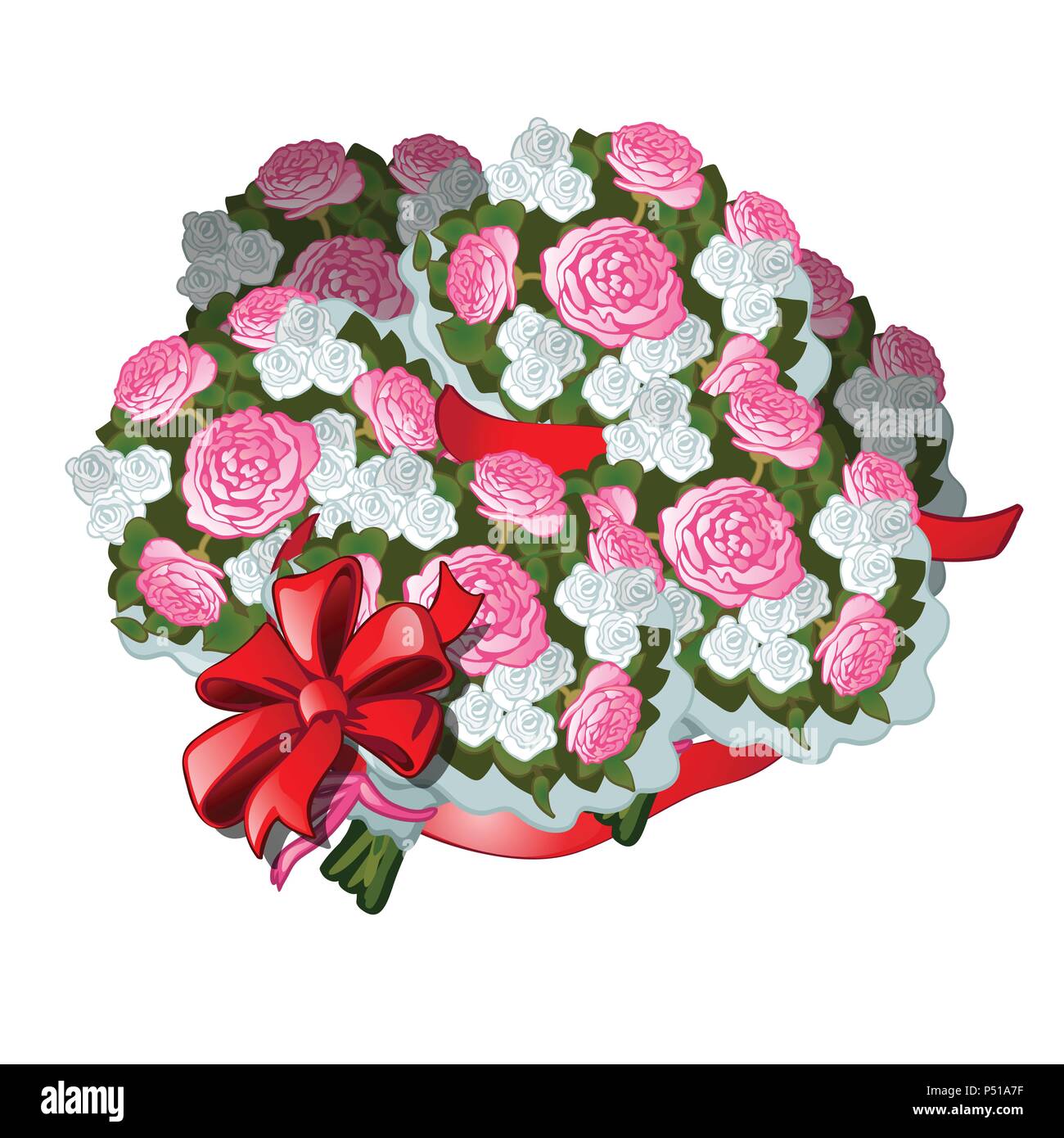 A huge bouquet of flowers tied with red ribbon with bowknot, isolated ...