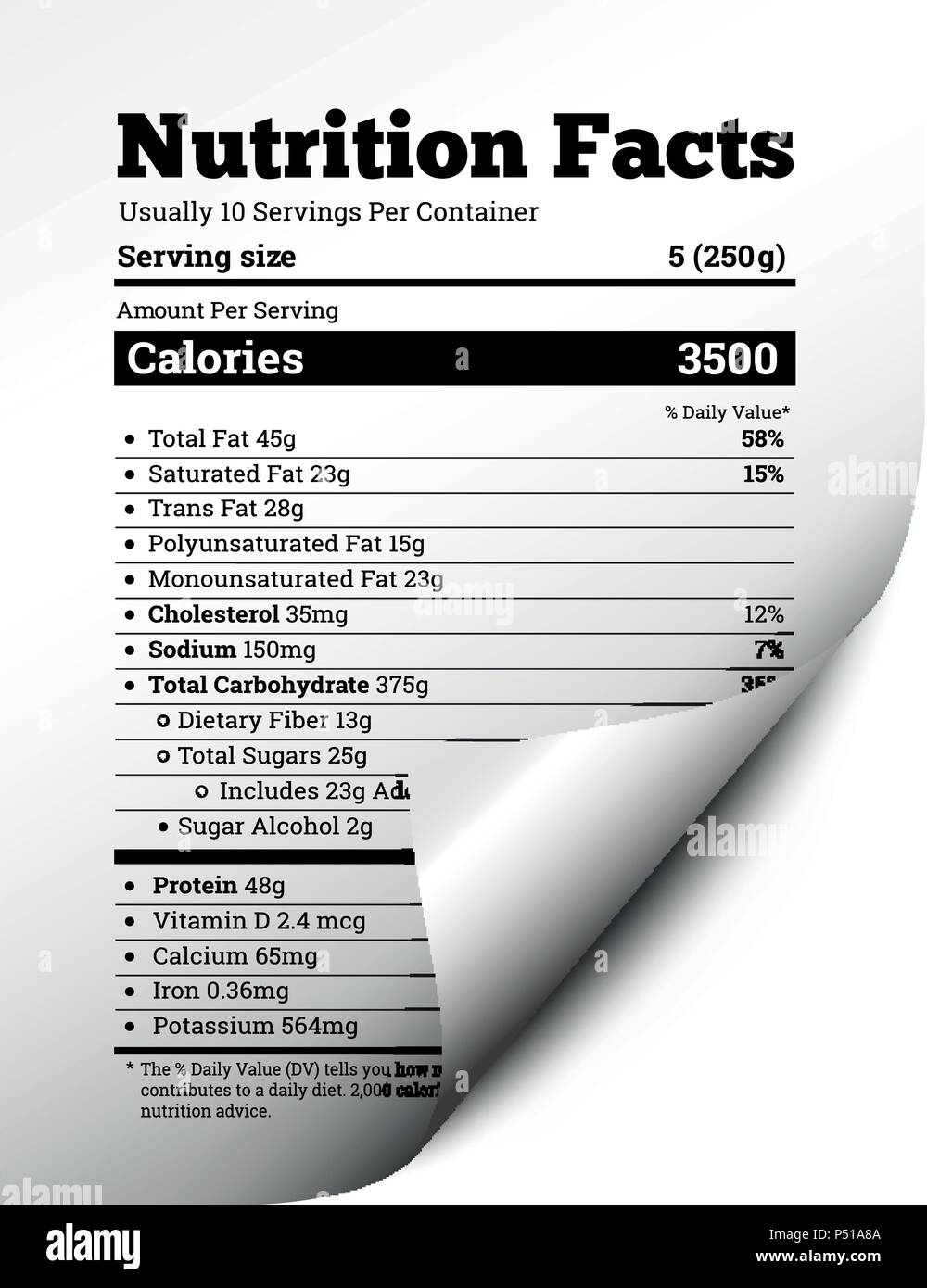 Nutrition facts label design with page curl. Vector Stock Vector