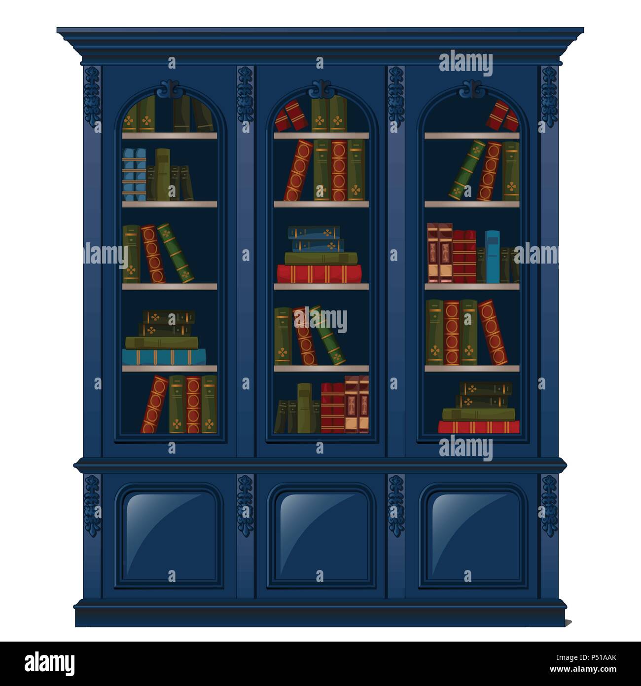 Vintage bookcase blue filled with books. Library furniture isolated on