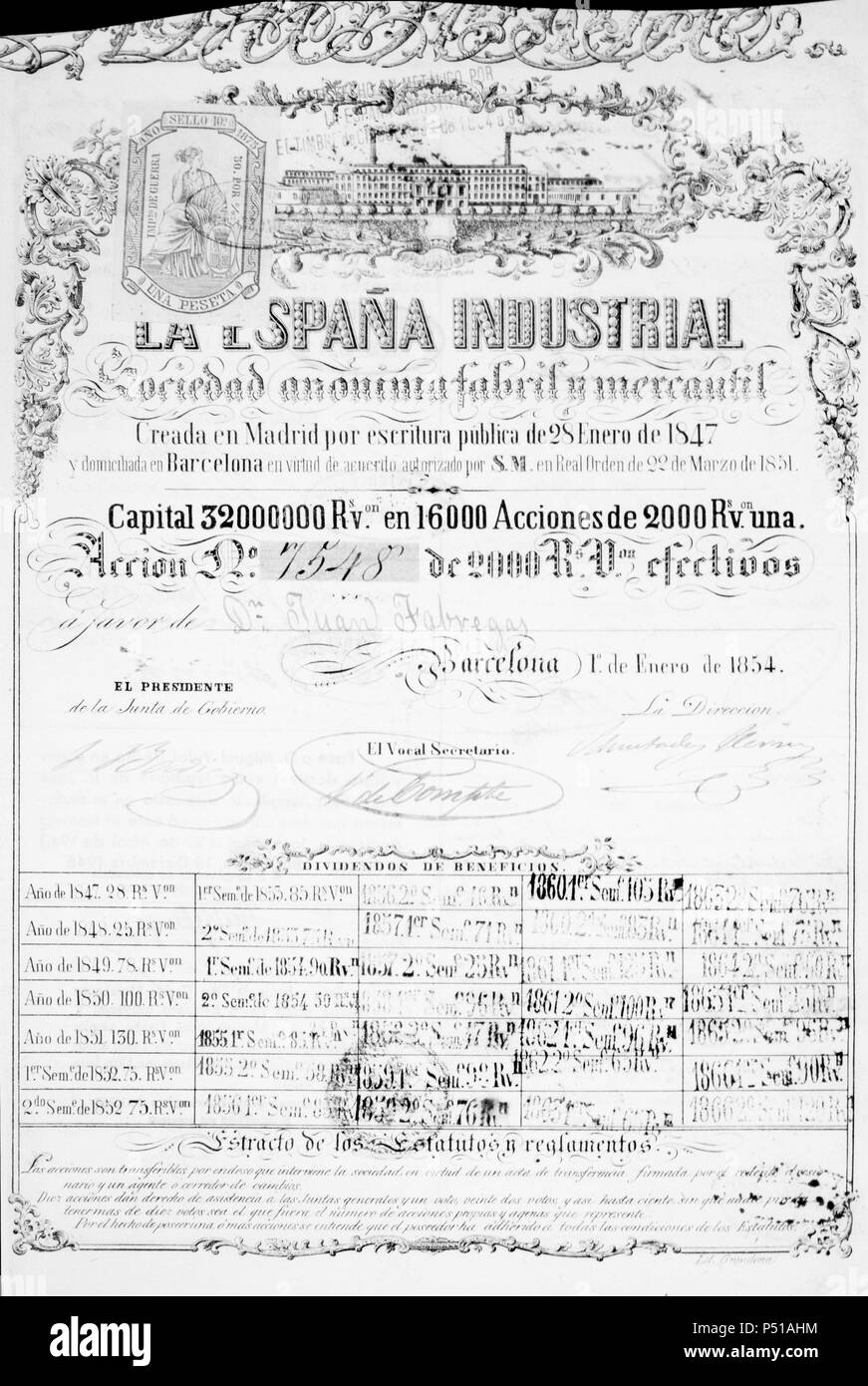 Acción nominativa de la España Industrial, S.A. Fabríl y Mercantil, de 2000 Reales Vellón. Barcelona; 1 de enero de 1854. Stock Photo