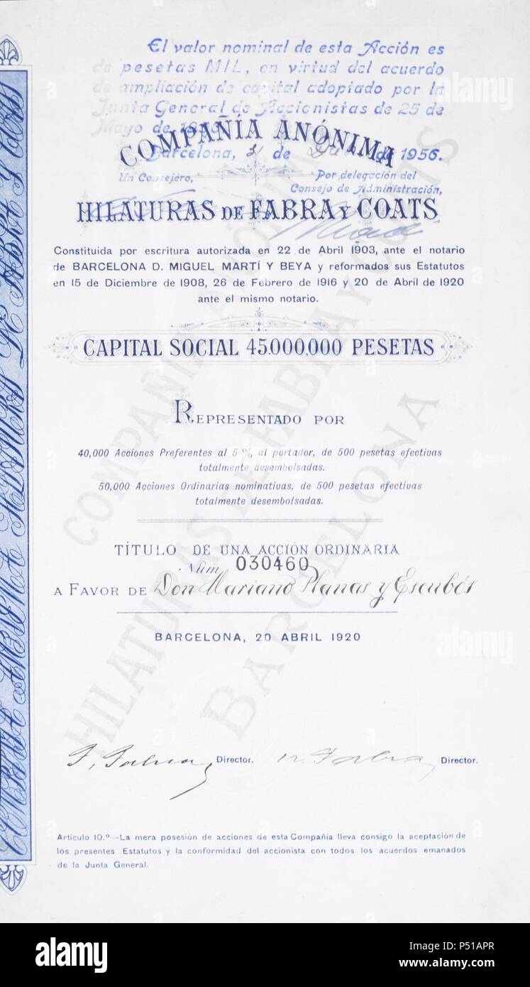 Acción nominativa de la Cia.Anma.Hilaturas de Fabra y Coats; de 500 pesetas nominales; Barcelona; 20 de Abril de 1920. Stock Photo