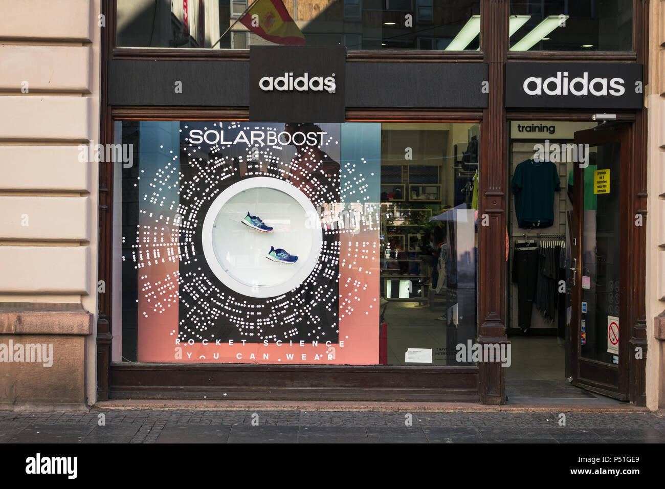 Belgrade, Serbia - June, 2018: Adidas store with new collection in shop window. Solar Boost collection. Stock Photo