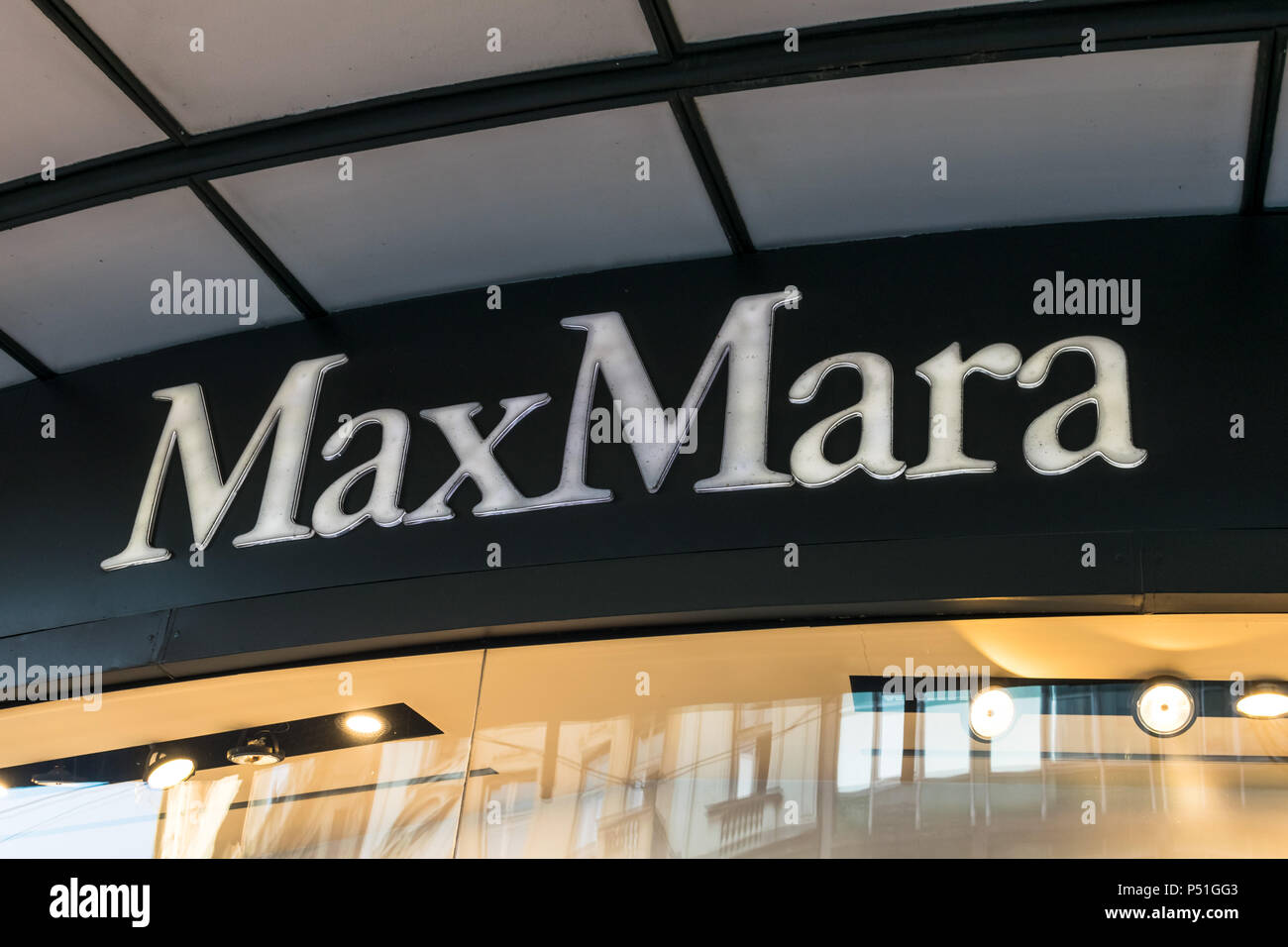 Belgrade, Serbia - June 2018: MaxMara store sign in Belgrade main street. Stock Photo