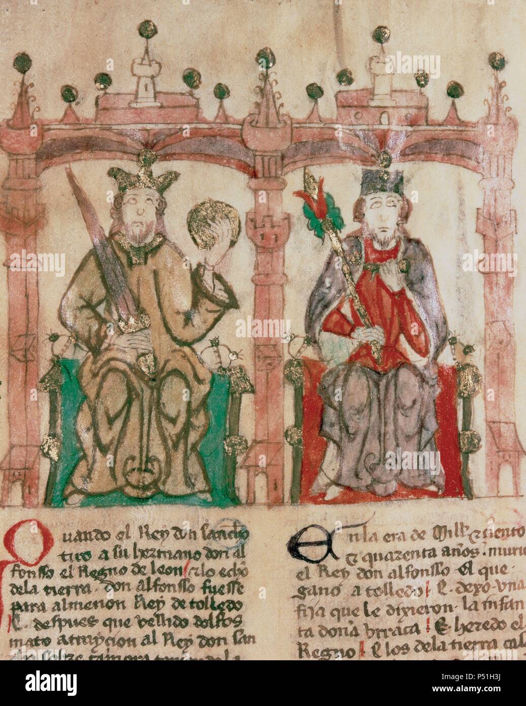 ALFONSO VI (1040-1109). Rey de León (1065-1109) y Castilla (1072-1109). Hijo segundo de Fernando I y su esposa Sancha. RAMON BERENGUER I 'El Vell' (h.1023-1076). Conde de Barcelona y Girona (1035-1076), de Olérdola (1049-76) y de Ausona (1054-76). Hijo de Berenguer Ramon I y Sancha de Castilla. Miniatura del s.XI del manuscrito 'SEMBLANZAS DE REYES'. Biblioteca Nacional. Madrid. España. Stock Photo