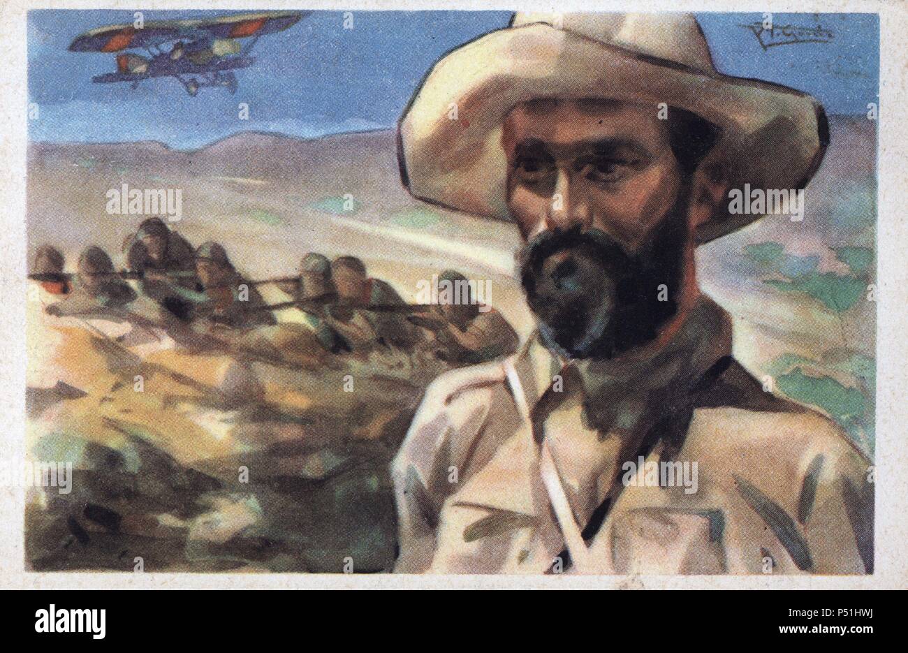 Dibujo de Juan Fernández 'el Negus', heróica figura de guerrillero. Tarjeta postal editada por Cruz Roja. Año 1936. Stock Photo