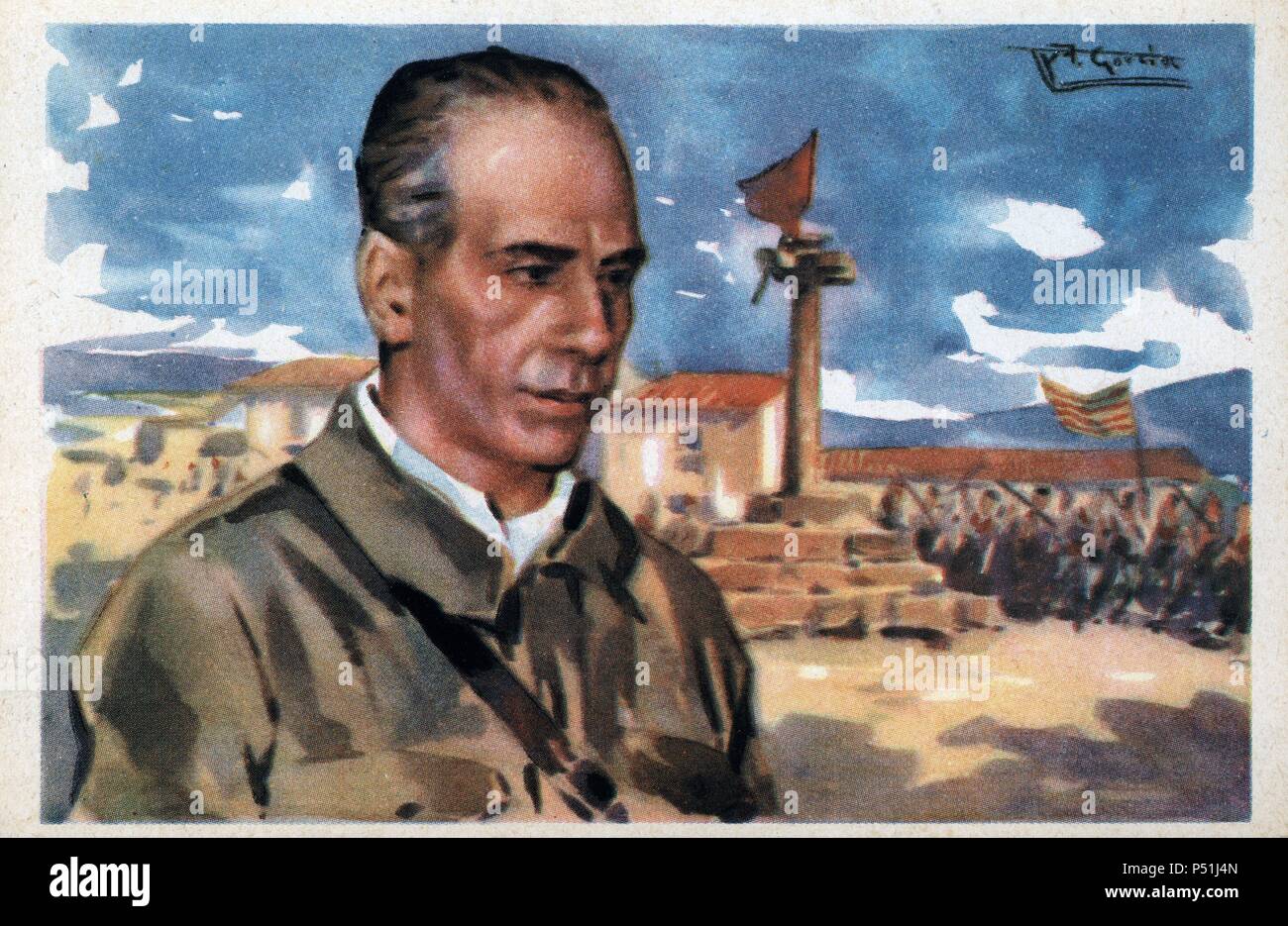 Dibujo del General Villalba (Toledo, 1882-Madrid, 1960). Jefe de las columnas republicanas en Huesca. Tarjeta postal editada por Cruz Roja. Año 1936. Stock Photo