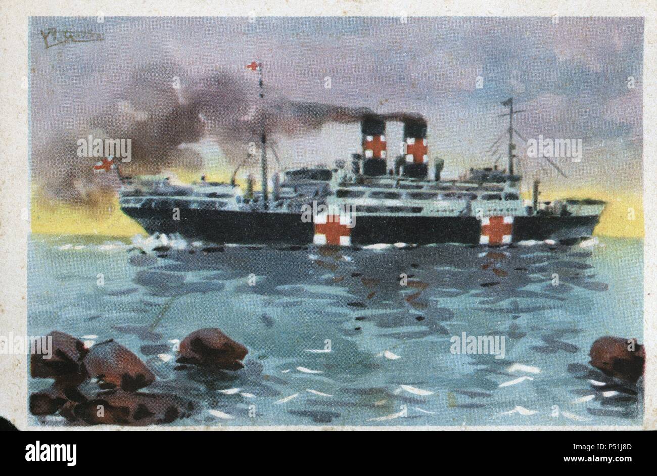 Dibujo del buque 'Marqués de Comillas', habilitado como hospital de la Cruz Roja. Tarjeta postal editada por Cruz Roja. Año 1936. Stock Photo