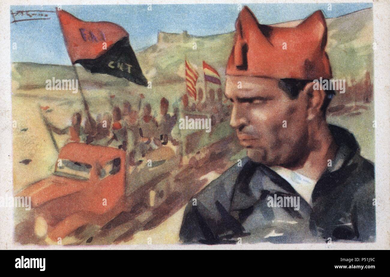 Dibujo de Buenaventura Durruti (León, 1896-Madrid, 1936), camarada que dirige las milicias de la CNT y la FAI. Tarjeta postal editada por Cruz Roja. Año 1936. Stock Photo