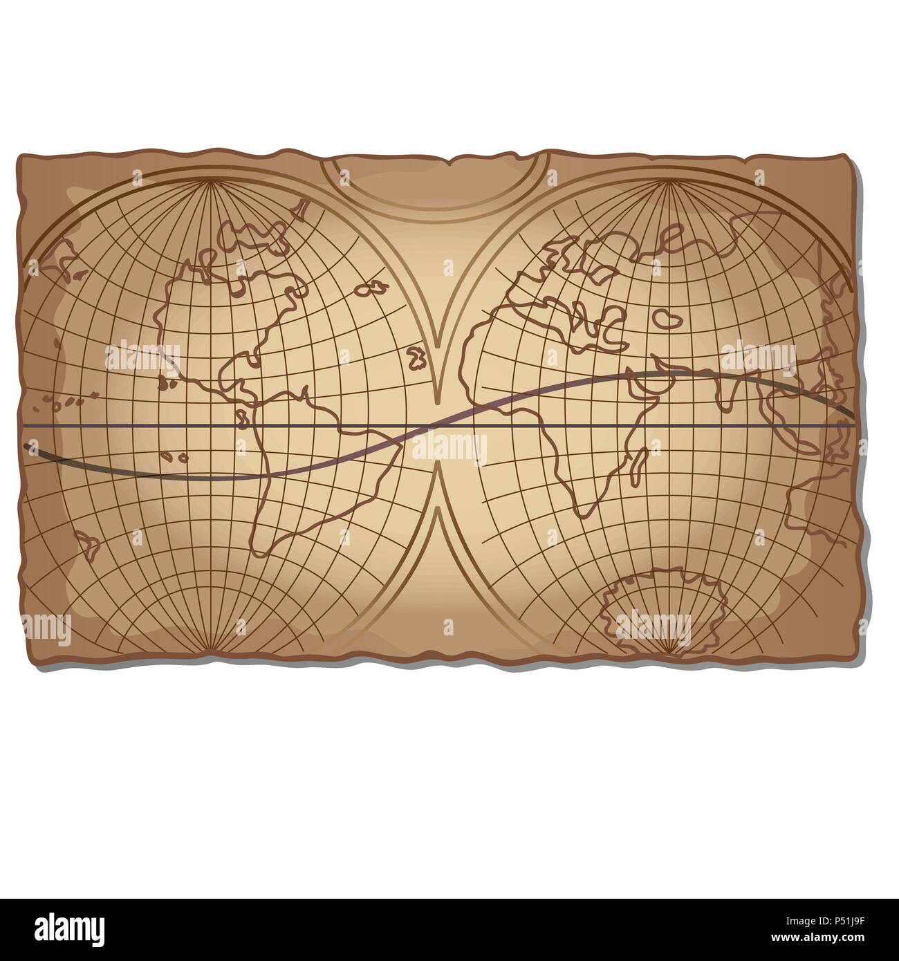 Vintage world map on the faded old piece of paper isolated on white