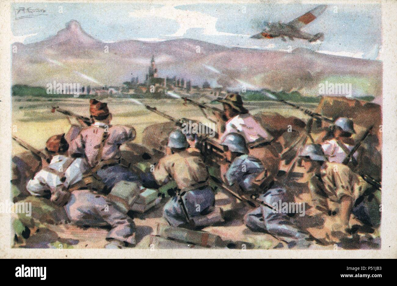 Dibujo de una avanzadilla anti-fascista en el ataque a Huesca. Tarjeta postal editada por Cruz Roja. Año 1936. Stock Photo