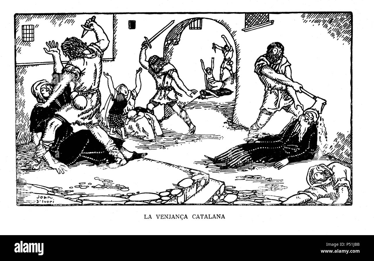 La venganza catalana por parte de los almogávares. Historia popular de  Catalunya, de Alfons Roure. Editada en Barcelona, 1919. Dibujo de Joan Vila  i Pujol (Joan d'Ivori) (Barcelona, 1890-1947 Stock Photo - Alamy