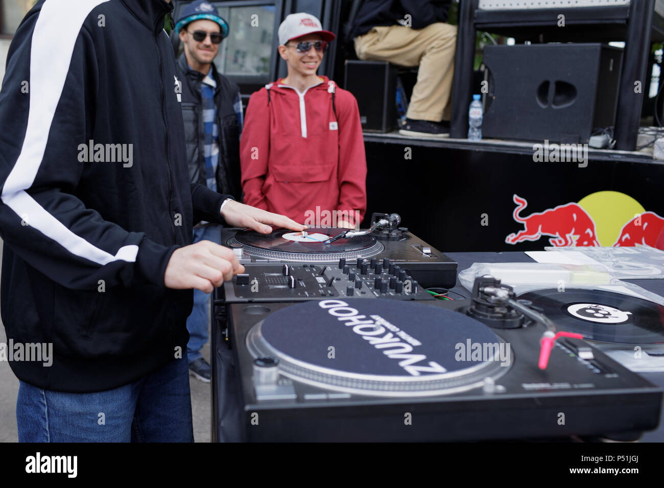 St. Petersburg, Russia - June 1, 2018: Unidentified DJ participates in a battle of Red Bull BC One Camp Russia 2018. 3-days camp includes classes and  Stock Photo