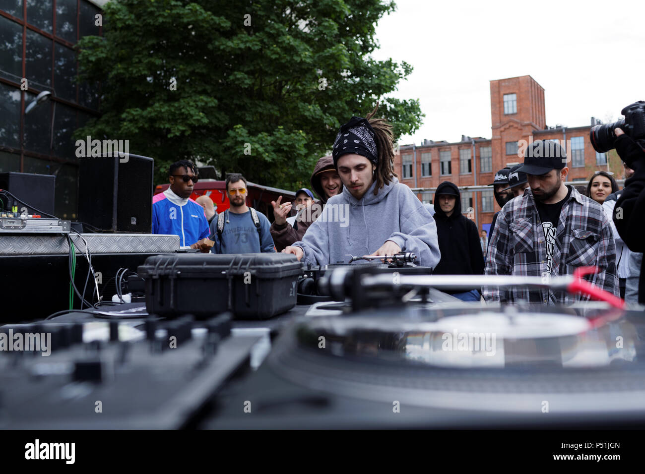 St. Petersburg, Russia - June 1, 2018: Unidentified DJ participates in a battle of Red Bull BC One Camp Russia 2018. 3-days camp includes classes and  Stock Photo