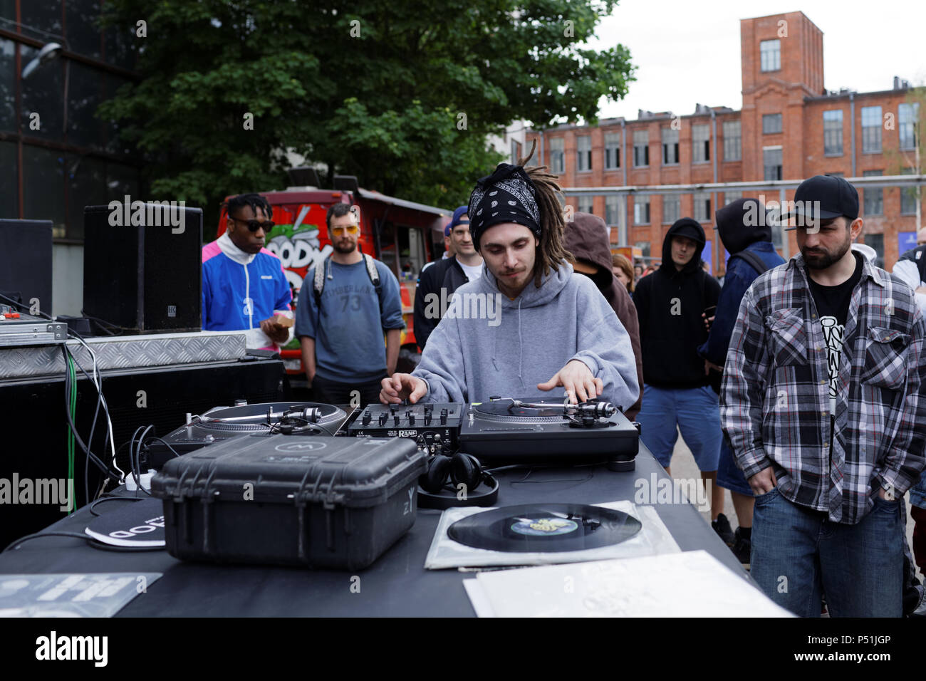 St. Petersburg, Russia - June 1, 2018: Unidentified DJ participates in a battle of Red Bull BC One Camp Russia 2018. 3-days camp includes classes and  Stock Photo