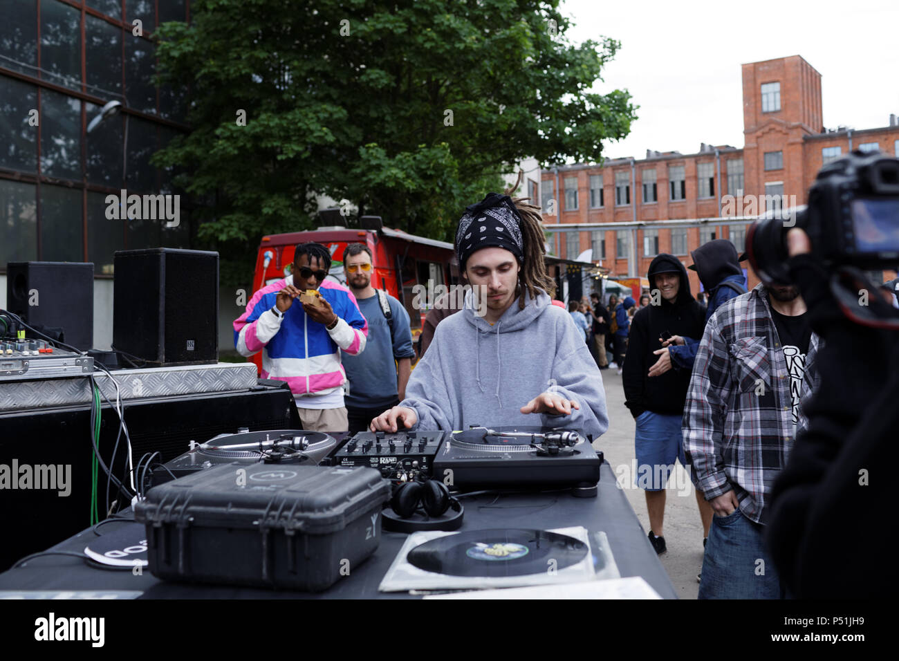 St. Petersburg, Russia - June 1, 2018: Unidentified DJ participates in a battle of Red Bull BC One Camp Russia 2018. 3-days camp includes classes and  Stock Photo