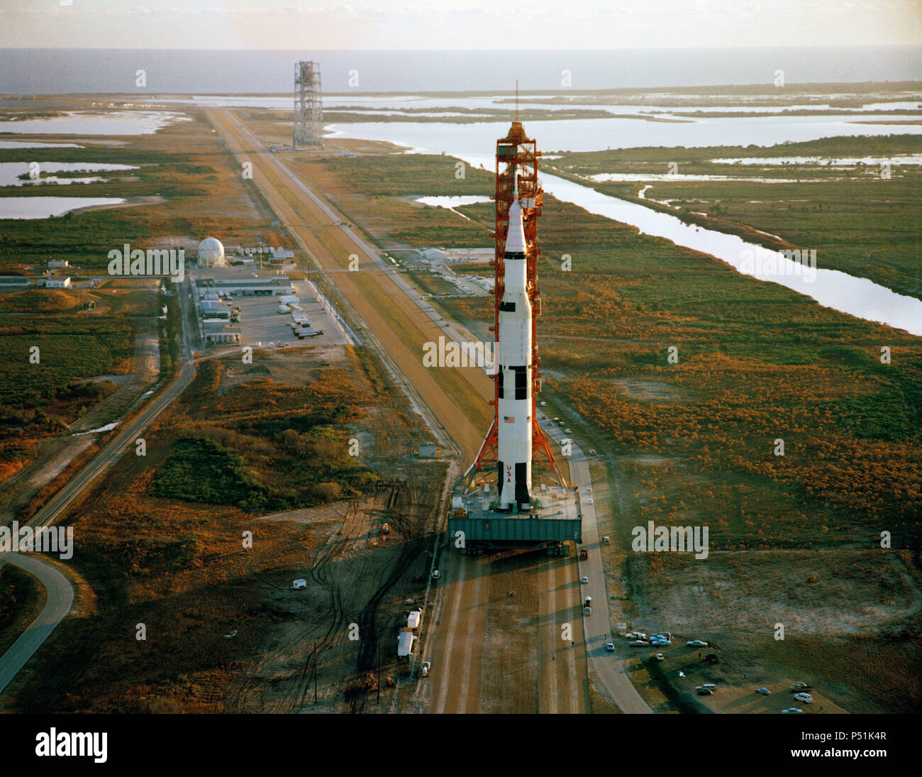 Aerial view of the Apollo 9 (Spacecraft 104Lunar Module 3Saturn 504) space vehicle on the way from the Vehicle Assembly Building to Pad A, Launch Complex 39, Kennedy Stock Photo