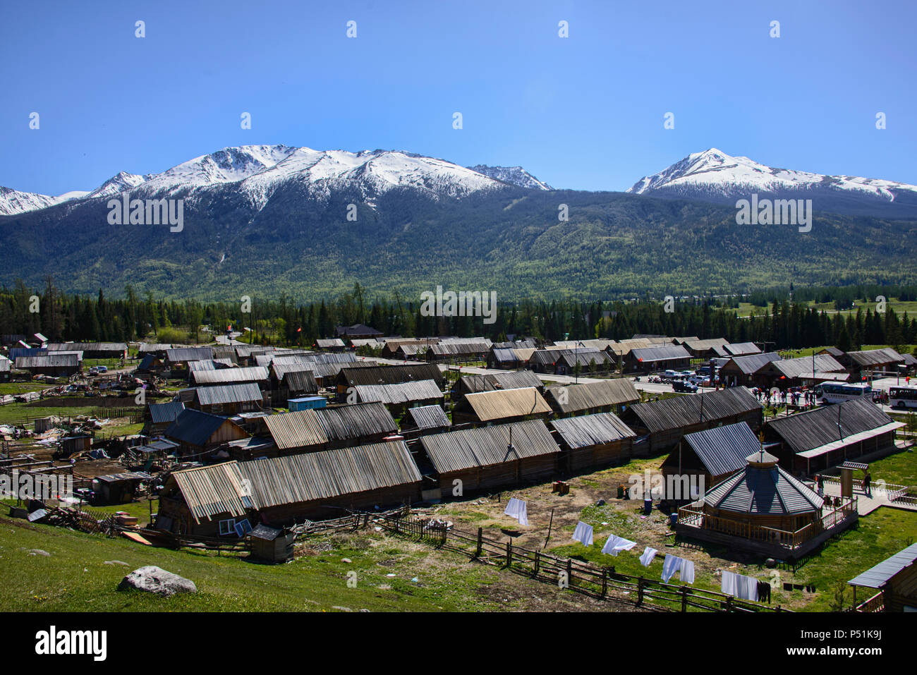 Tuvan village, Kanas Lake National Park, Xinjiang, China Stock Photo