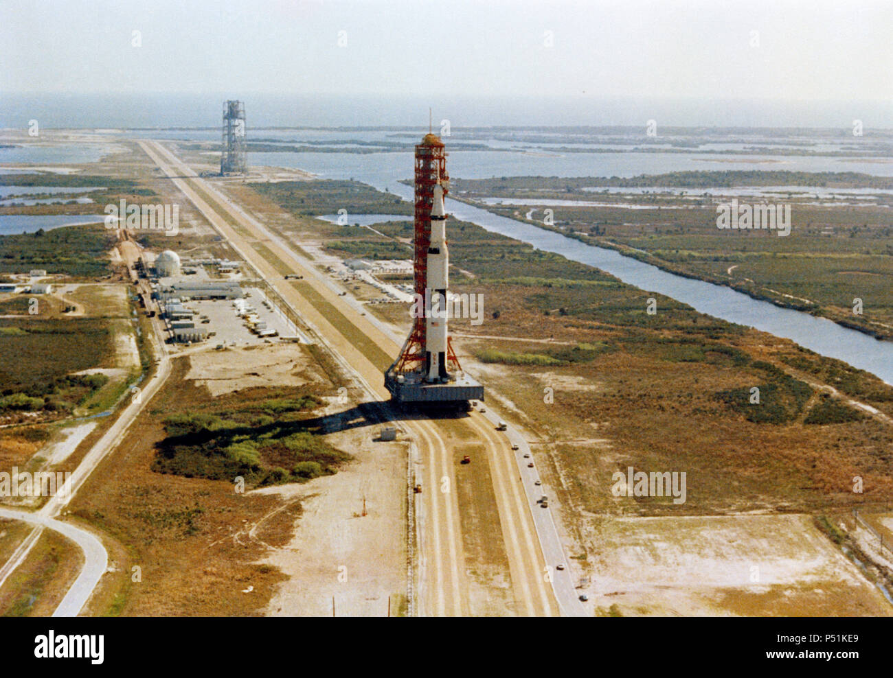Aerial view at Launch Complex 39, Kennedy Space Center, showing the Apollo 10 (Spacecraft 106Lunar Module-4Saturn 505) space vehicle on its way to Pad B Stock Photo